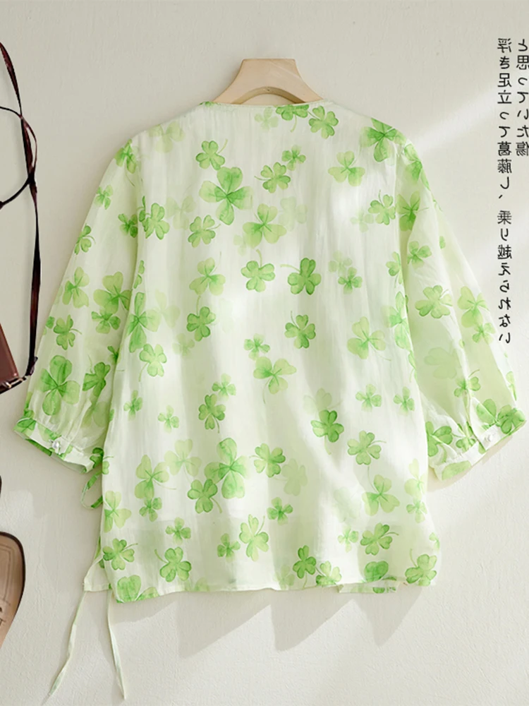 Stampa floreale Loose Fit irt Donna V-Ne Button Dettaglio Lanterna di cotone Sve Top casual di lunghezza sette quarti Estate 2024