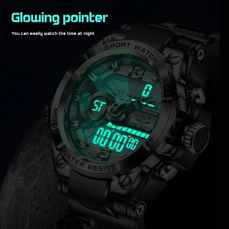 LIGE Men Dive Sports Digital watch Mens Watches Military Army Luxury Steel Business Chronograph Silicone Strap Waterproof 50ATM