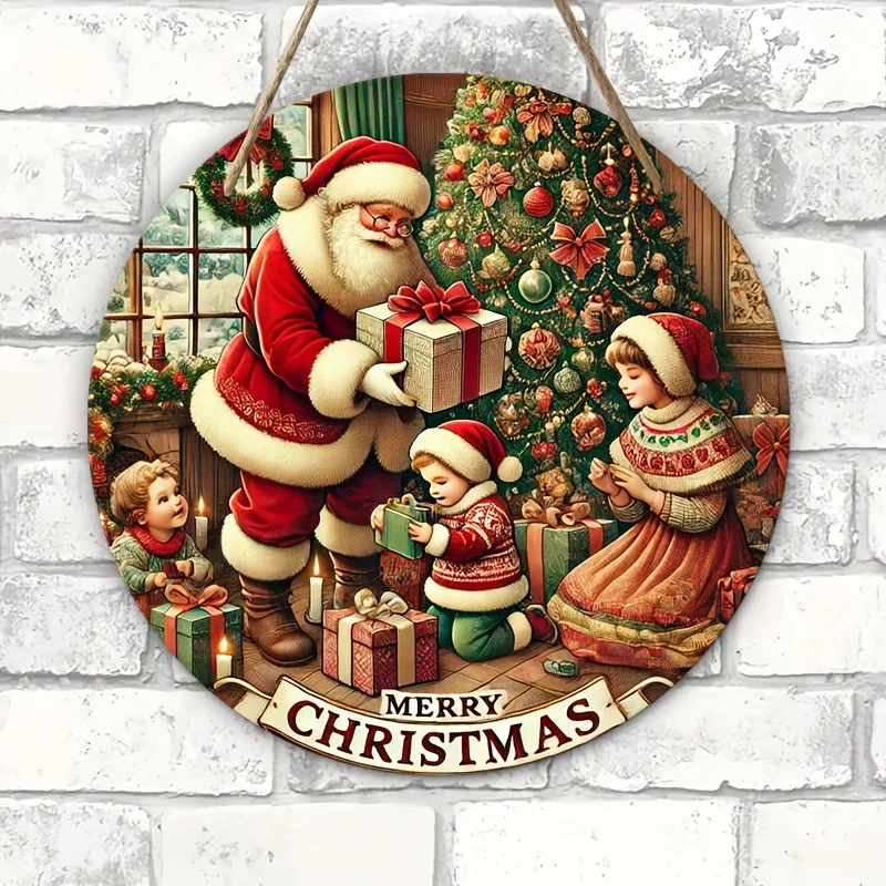 Ein rundes Holzschild im amerikanischen Stil von Weihnachtsmann-Sharing-Geschenken, geeignet für verschiedene Tür-Hängedekorationen