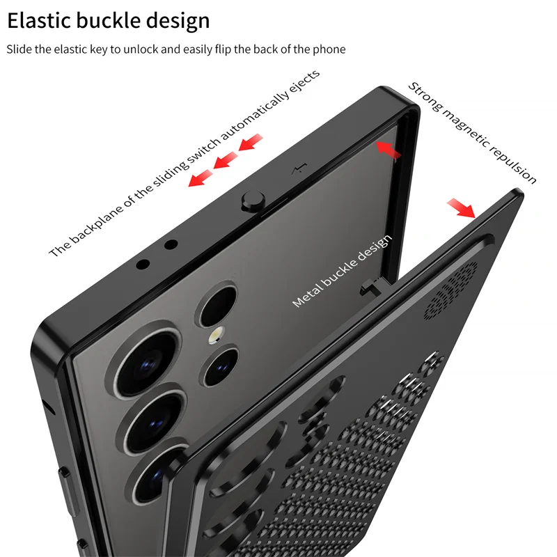 For Samsung Galaxy S23 S24 S25 S26 Ultra Metal Hollow Heat Dissipation Holes Phone Case Spring Buckle Shockproof Protect Cover