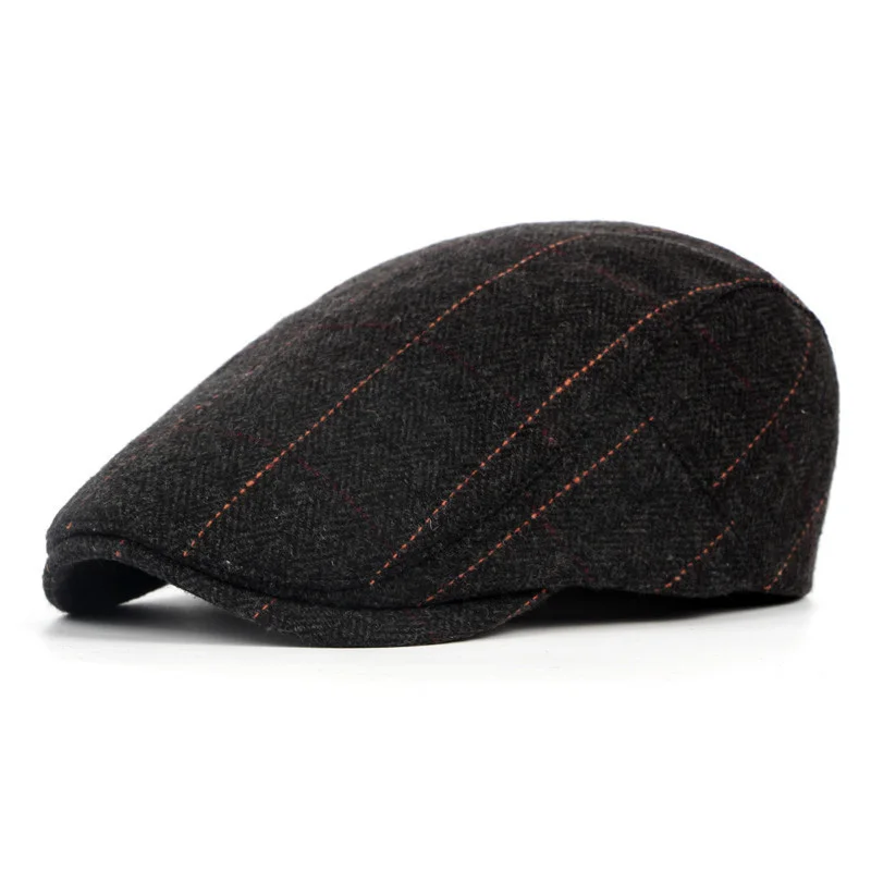

Winter Autumn Senior Men Women Classic Plaid Wool Blend Hat British Style Beret Peaked Cap Forward Cap Unisex
