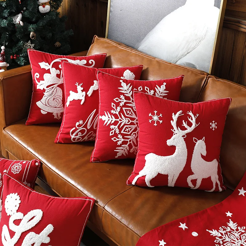 

Christmas Home Decoration Pillow Cover Cotton Canvas Embroidered with Deer Snow Bell Christmas Pillowcase