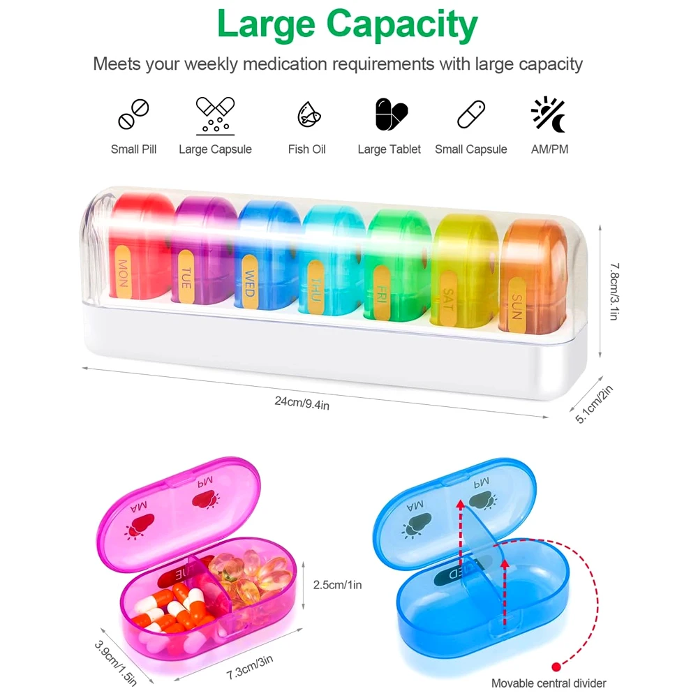 7 Day Rainbow Pill Organizer Detachable AM PM Pill Box Weekly Medicine Case For Vitamin Fish Oil Travel Storage