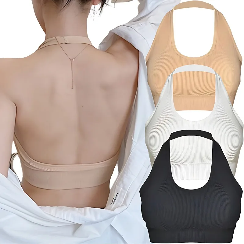 Women Backless Vest Sexy Bra Halter Wire Free Sport Bra Suspender Solid Lingerie Female Tops Beautiful Back Wire Free Sports Bra