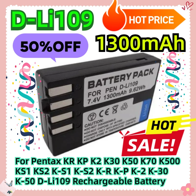 

1300mAh For Pentax KR KP K2 K30 K50 K70 K500 KS1 KS2 K-S1 K-S2 K-R K-P K-2 K-30 K-50 D-Li109 Rechargeable Battery