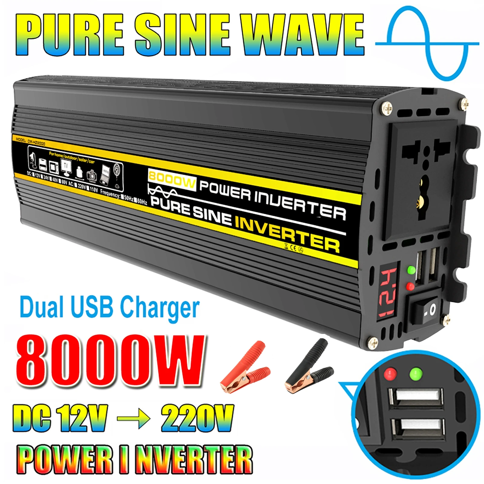 8000W Pure Sine Wave Car Inverter Power Inverter DC12/24/48V To AC 220V Socket Converter for Car Home Outdoor Power Inverter