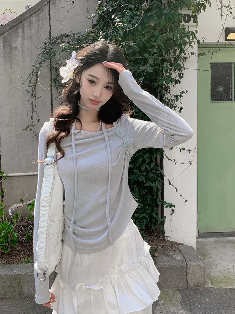 

Женская футболка Forlions с длинным рукавом и перекрестным дизайном, весенняя, для ношения под одеждой, с изящным дизайном, для повседневной носки, приталенная