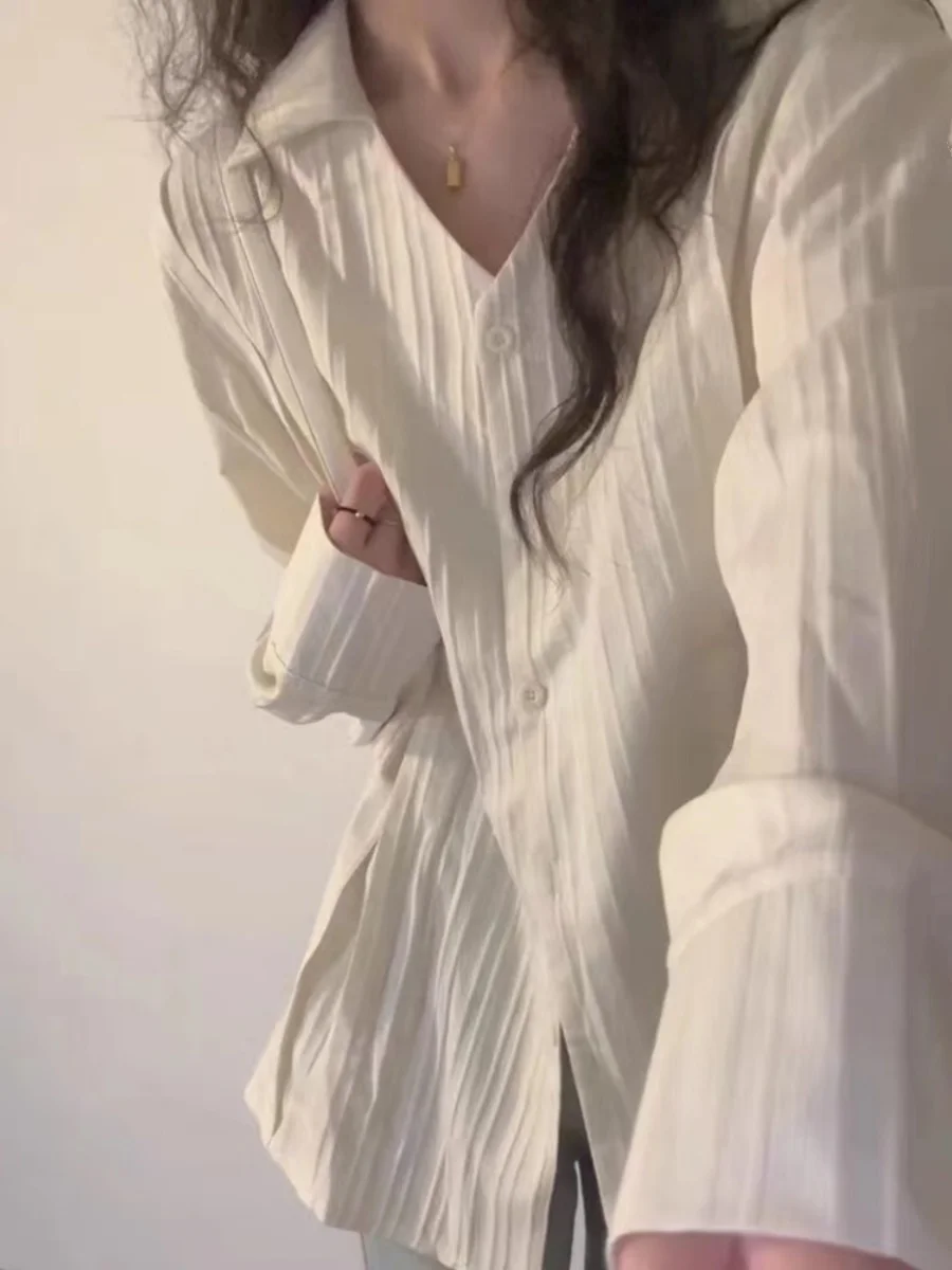 

Textured Sun Protection Women's irt Long Sve Thin Design Summer Outfit Trendy Korean Sle Loose Fit Pure Color Collar