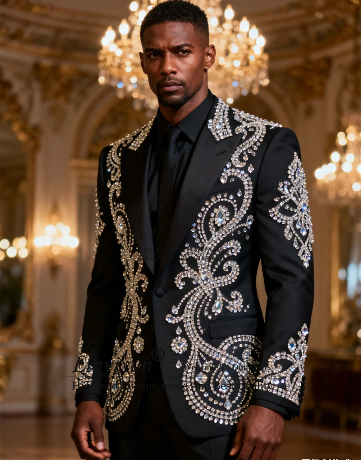 

Glitter Metal Embellished Men Suits 2 Piece Sets Male Party Prom Blazers Customized Slim Fit Groom Tuxedo Peak Label Ropa Hombre