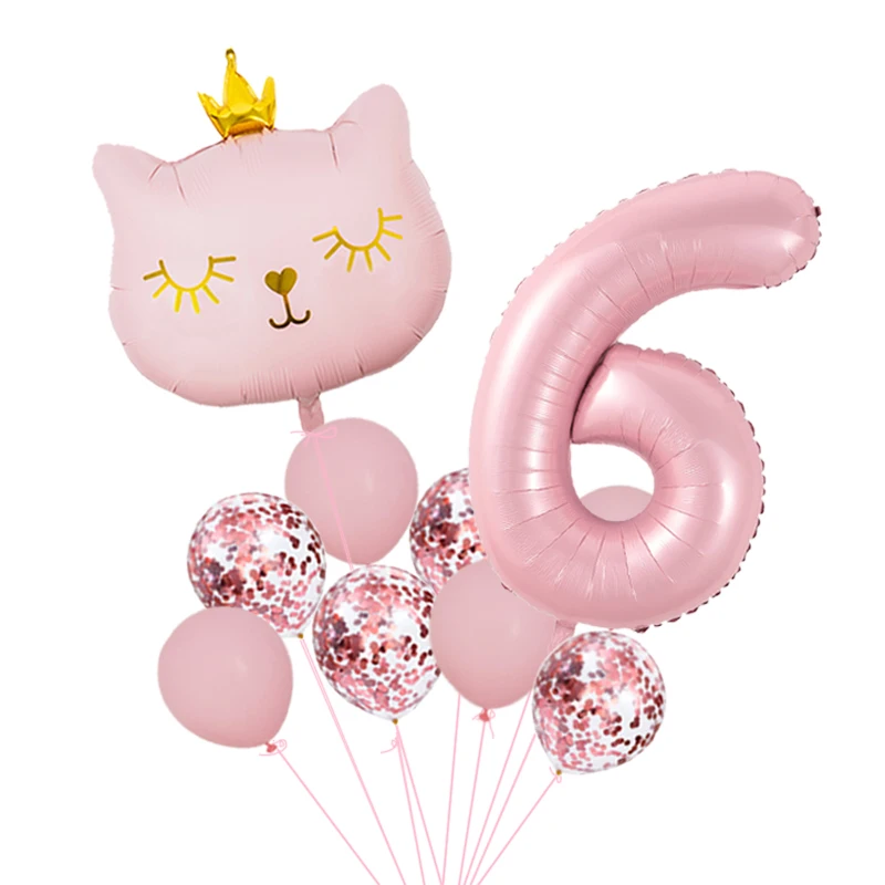 Rosa Krone Katze Folien-Zahlenballons Cartoon-Tier Wimpelkette Set Mädchen Happy Birthday Party Dekorationen Kinder Babyparty Geschenk – Detail 12