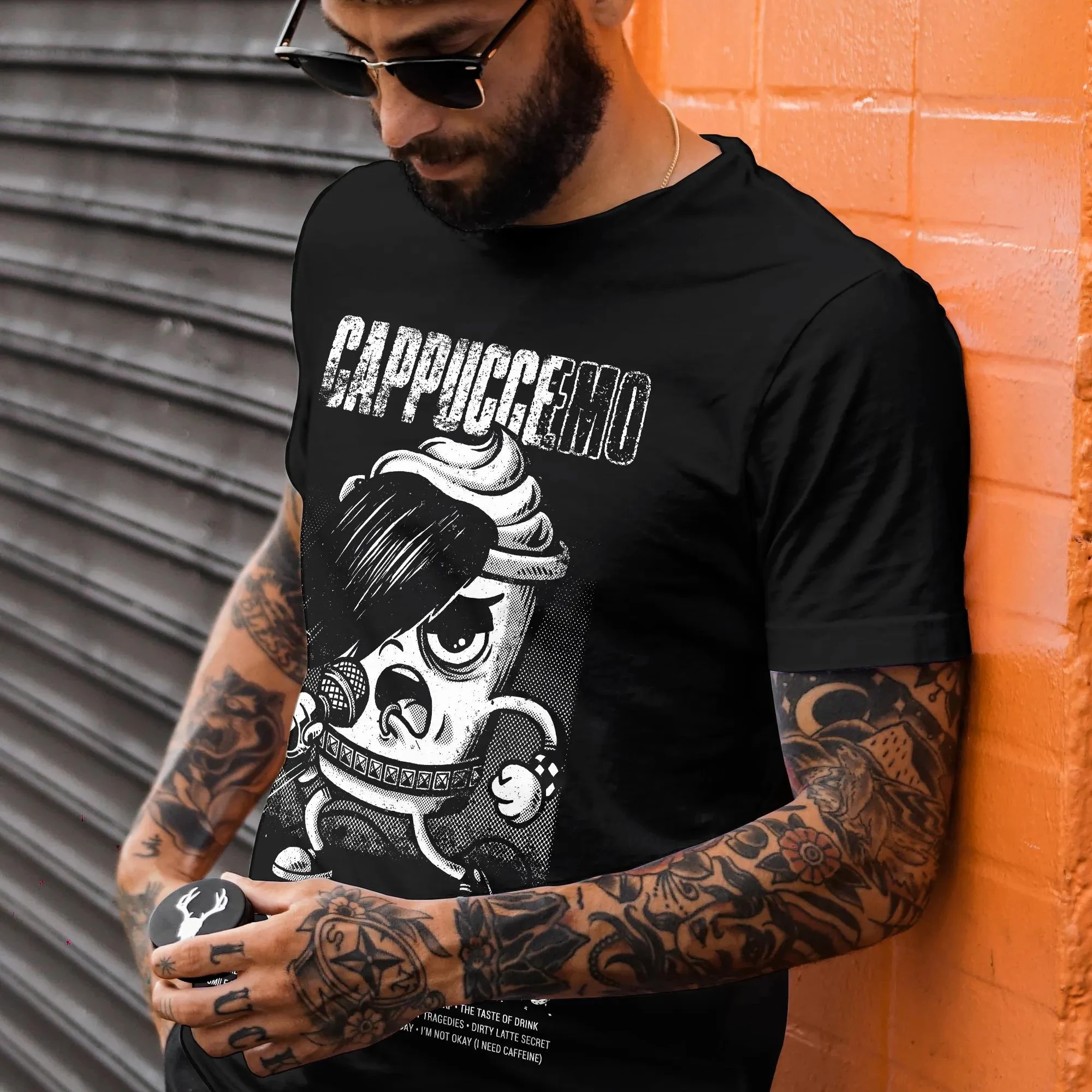 “Men's 'Cappuccino Misery Bitterness' Graphic T-Shirt Coffee Lover Emo Grunge Streetwear Oversize Black Tee”
