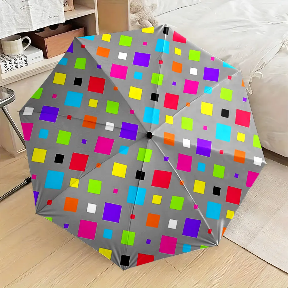 Colorful Square Patterned Umbrella on Grey Background portable waterproof sun rain umbrella for outdoor travel beach
