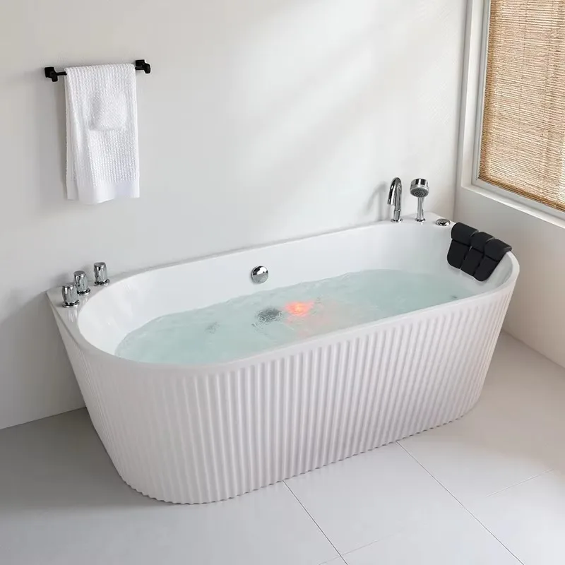 1.5/1.6/1.7/1.8m Modern Freestanding Acrylic Soaking Bathtub with Chrome Drain Pipe & Faucet Back to Wall Corner CE Certified