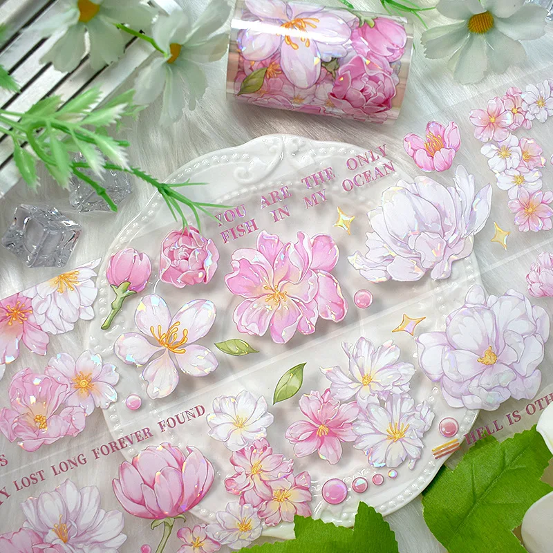 6cm*2m Roll Laser Pink Begonia PET Masking Tape Cute Flower Butterfly Decorative Adhesive Tape for Sticker Scrapbooking Journal