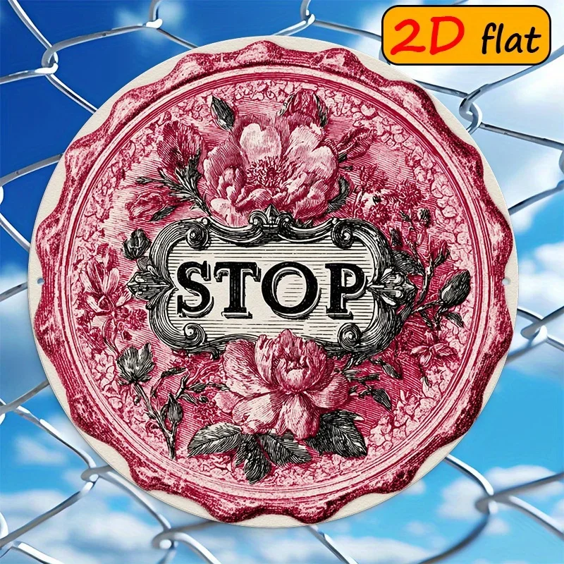 Aluminum Round Sign 7.87x7.87 Inch Vintage Floral STOP Pattern 2D Outdoor Decor Art Gift