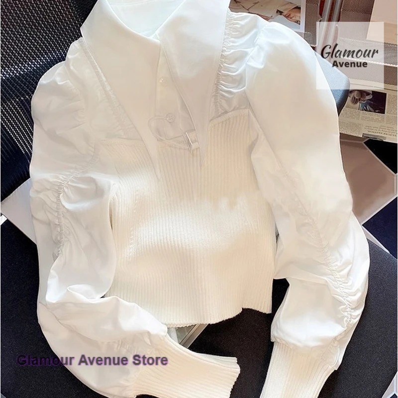 

French high-quality white pointed collar stitching knitted long-sleeved shirt women's new fashion temperament blouse in spring