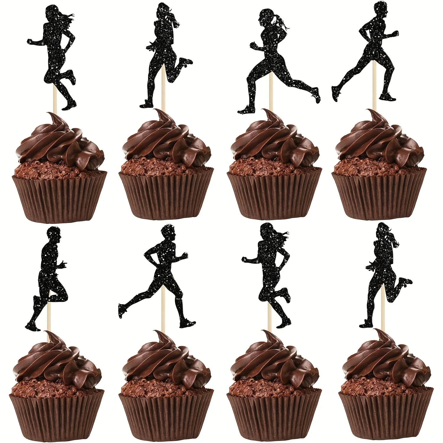 12 Stück Cupcake-Topper zum Thema Laufen, schwarze Glitzer-Sport-Fitness-Cupcake-Picks, kein Strom erforderlich, federlos, für Läufer