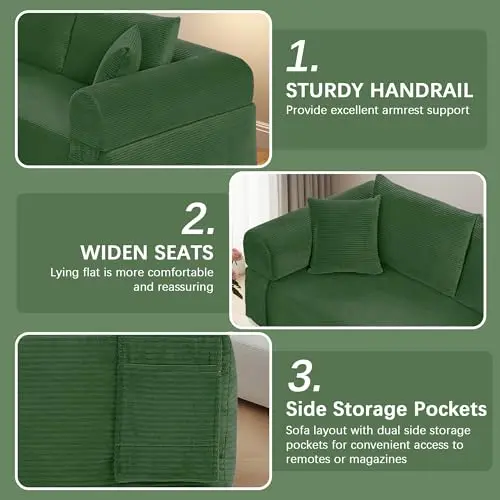 

Green Corduroy 3-Seater No-Assembly Sofa Bed 83 Inch With 28 Inch Deep Seat, Sturdy Armrests, Side Pockets And 4 Pillows