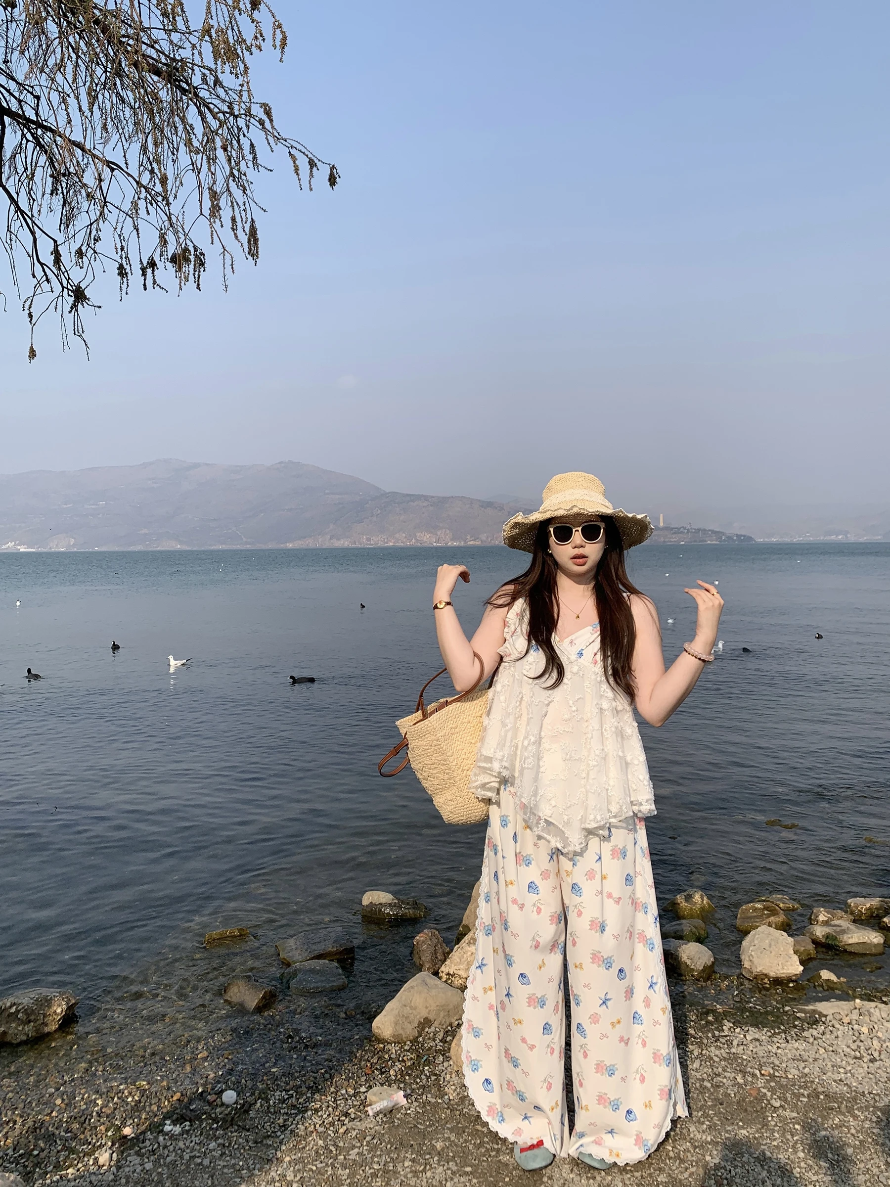 Sweet Dream Floral Print Lace Wide Leg Pants Slit Design Casual Loose Fit plus Size Summer Vacation Style Women's Polyester