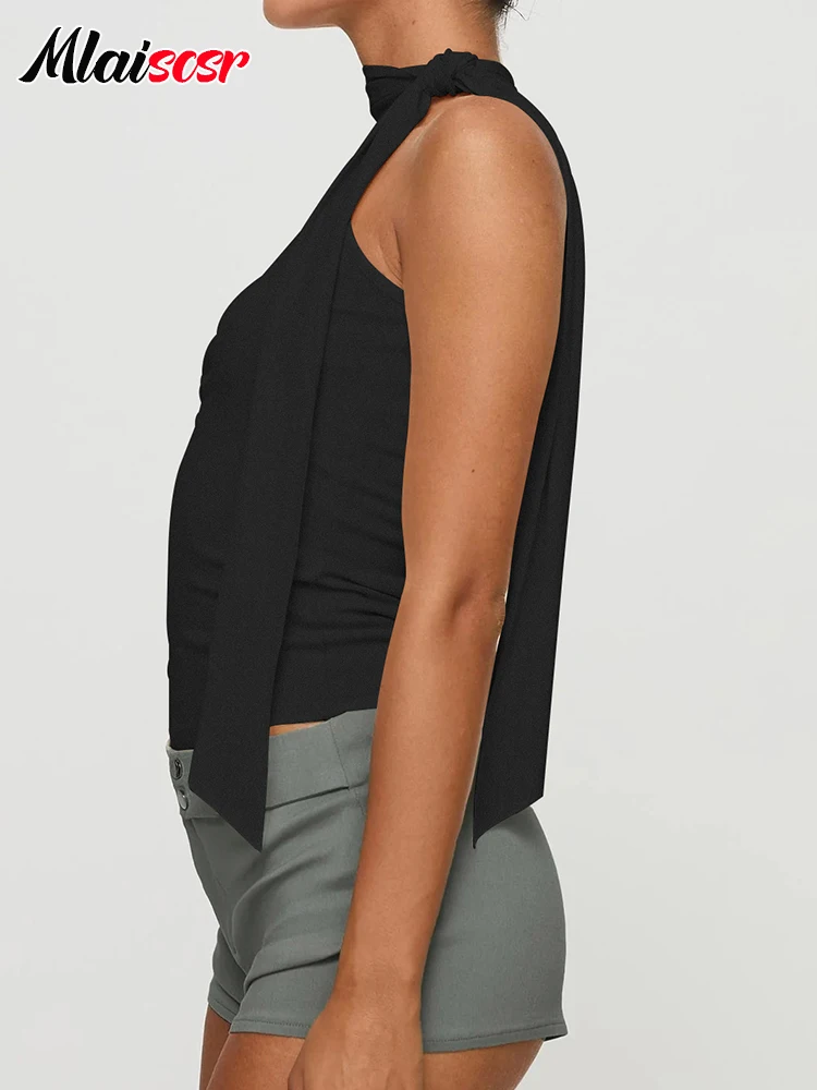 Mlaiscsr Women Soft Pink Halter Neck Tank Top with Tie Detail Form-Fitting Ruched Sleeveless Top Trendy Going-Out Brunch Outfit