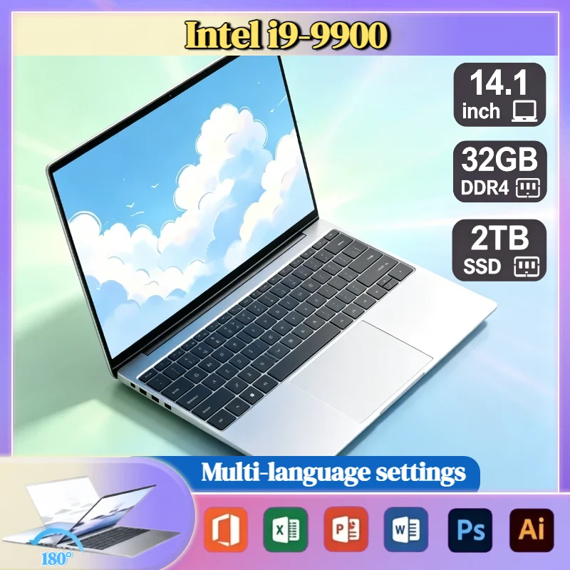 2026 Ultra Slim 14.1 Inch Laptop Intel i9 9900 5GHz 32GB RAM 2TB SSD Pro Gaming Notebook 1920x1080 Office High Performance