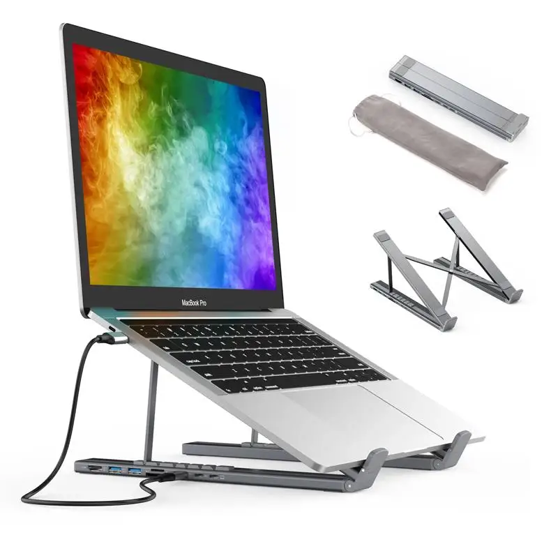 To Laptop Stand with USB C 3.1 HUB USB 3.0 7 in 1 4K HDMI SD TF Card Reader Adjustable Portable for Macbook Aluminium Notebook