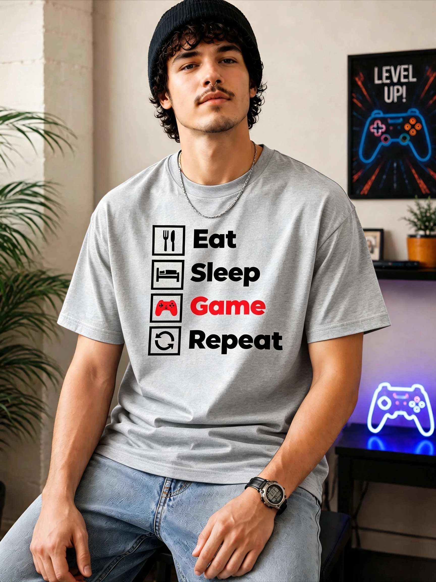 Gaming T-Shirt – Eat Sleep Game Repeat Organic Cotton Unisex Gamer Tee High-quality Fashionable Trendy Casual and Comfortable