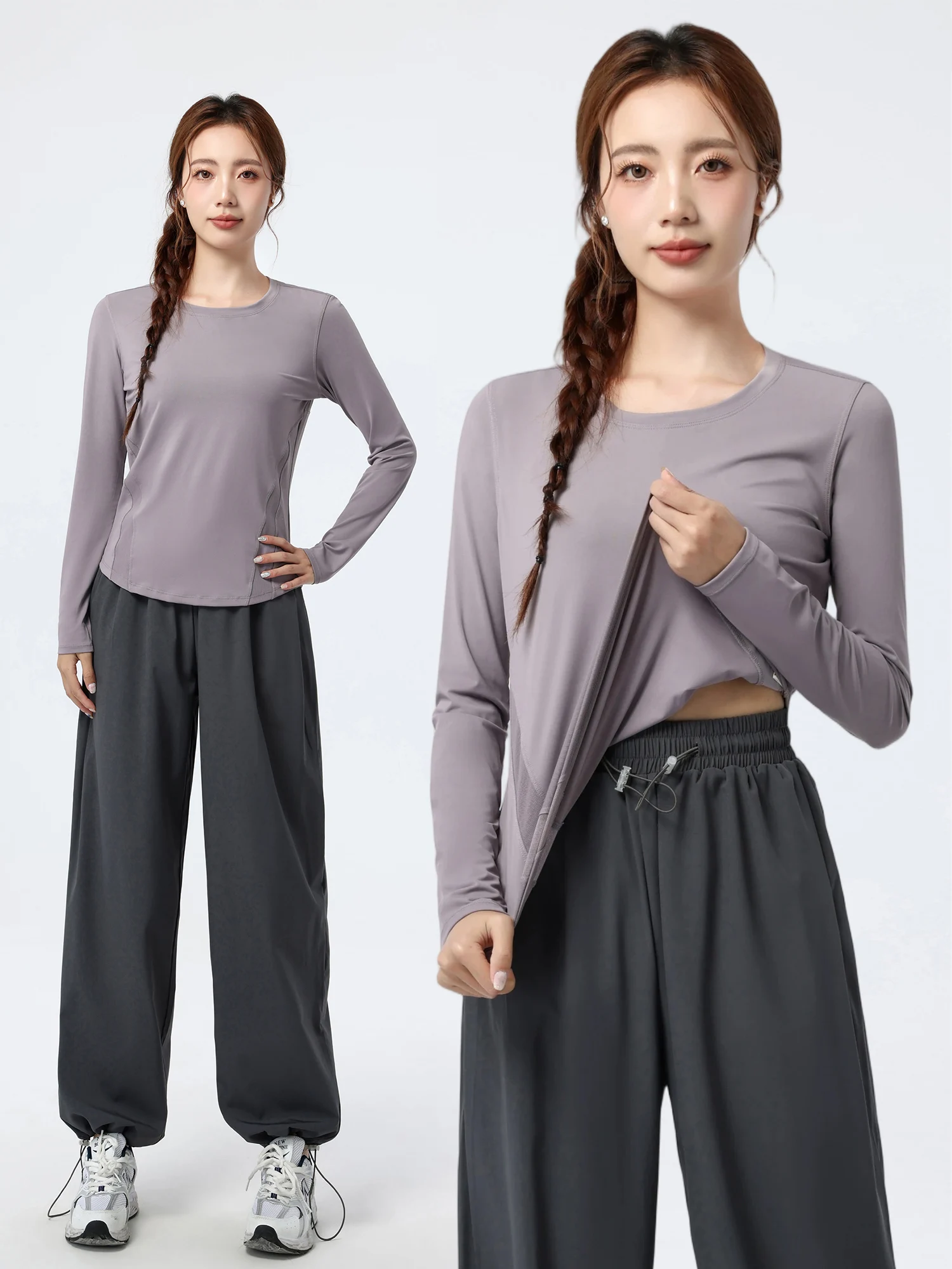 レディース秋冬スポーツセット-ロングスリーブフィットネストレーニングウェア-カジュアルアウトドア朝ランニング速乾性2ピースセット