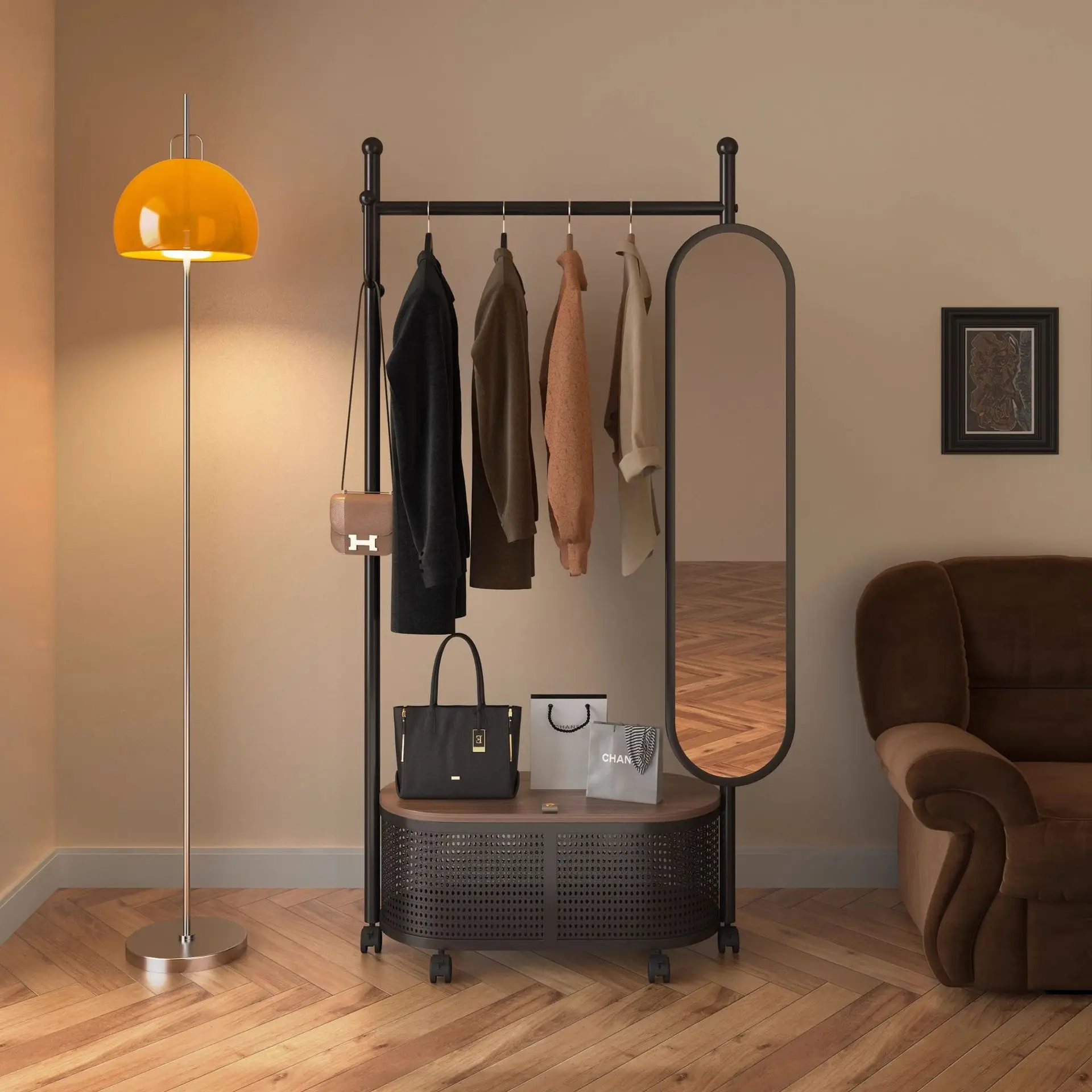 

Movable medieval hanger floor coat rack full-body mirror integrated full-length mirror bedroom hanger household full-length mirr