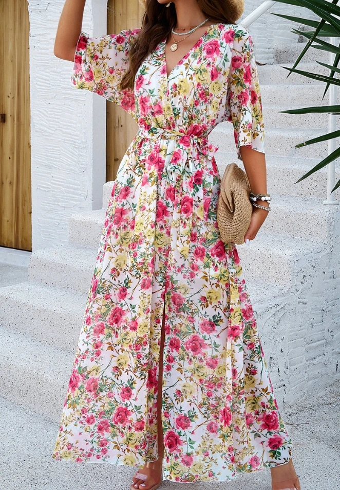 Women's Autumn New Dress with Vacation Style Printed Waist Cinched V-Neck Dress Shipped Within 48 Hours