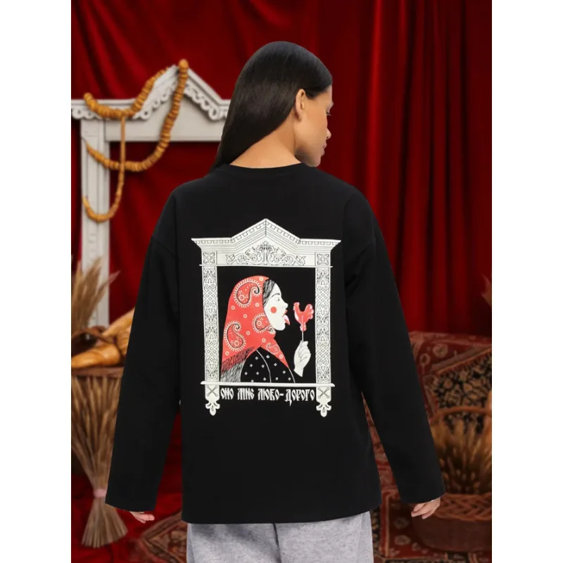 Sweet Chic Vintage Russian Babushka Rooster Lollipop Print Oversized Black 100% Cotton Long Sleeve T Shirt Dark Aesthetic Tees
