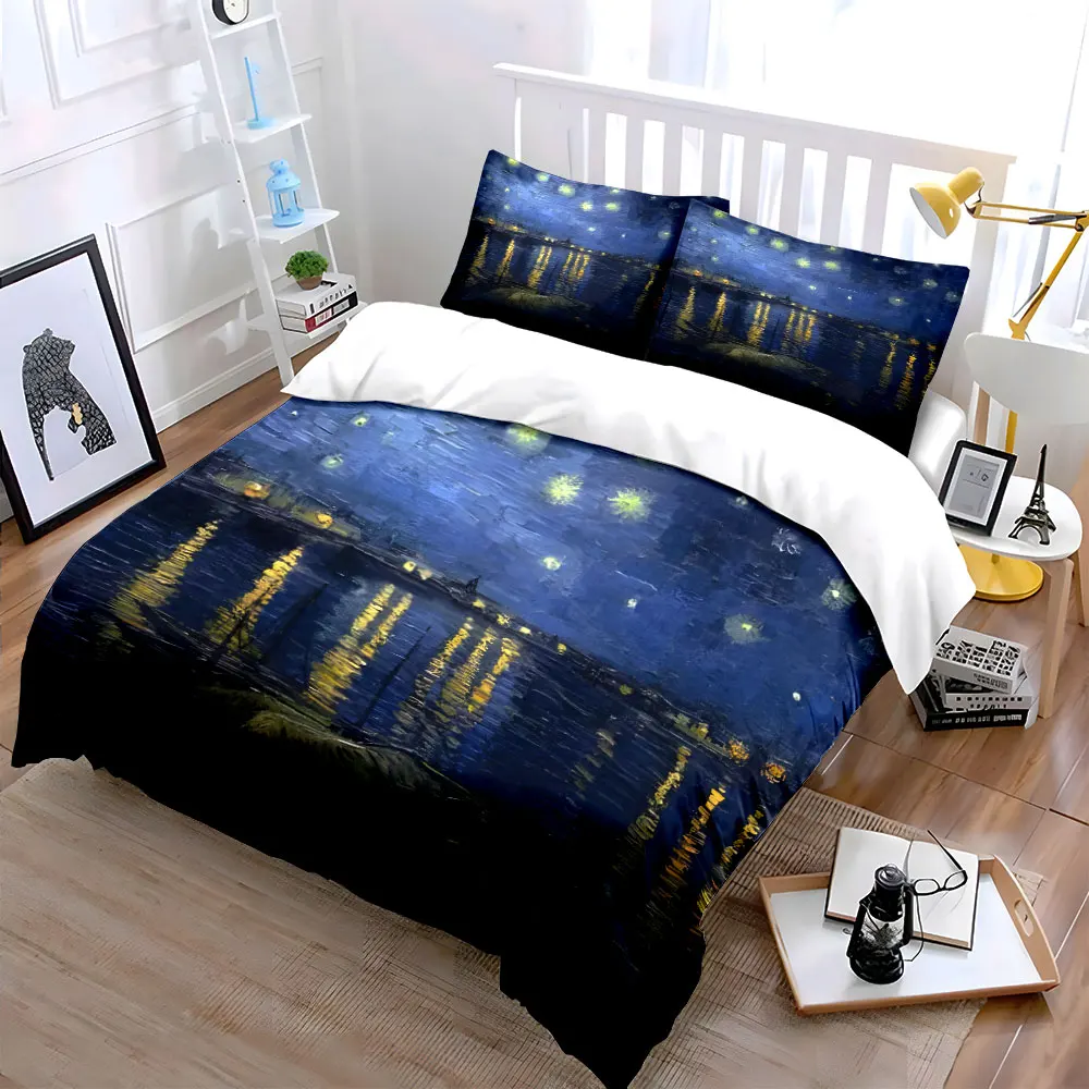 Starry night riverside with light reflections Bedding Set for Kids Luxury Gift 3pcs Digital Print Comforter Set Soft