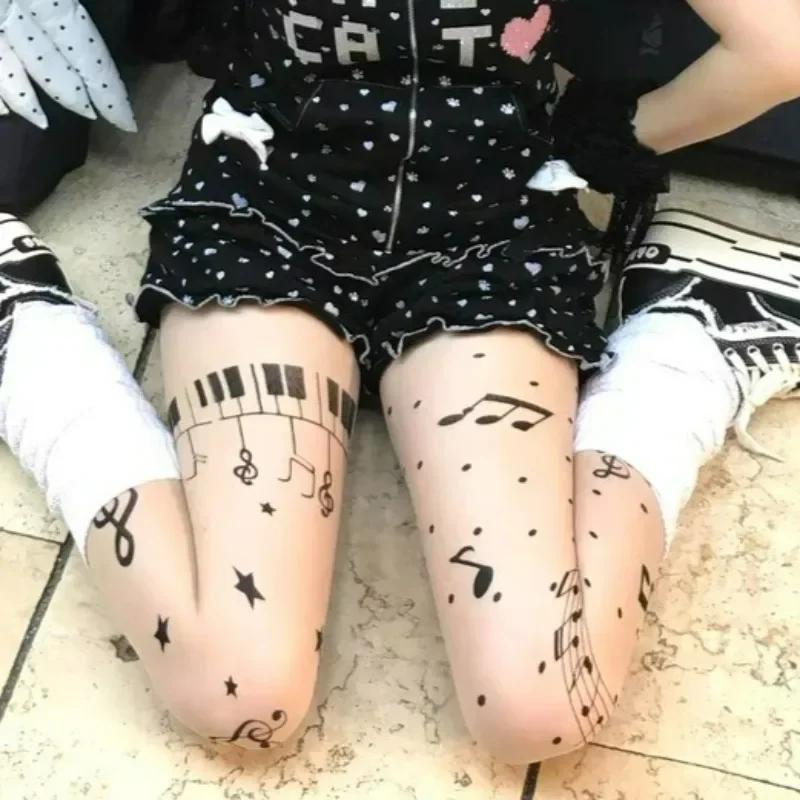 Punk Y2K Music Notes Print Pantyhose Thin High Elasticity Skin Leggings Spicy Girls Y2K Hosiery for Women Personalized Stockings