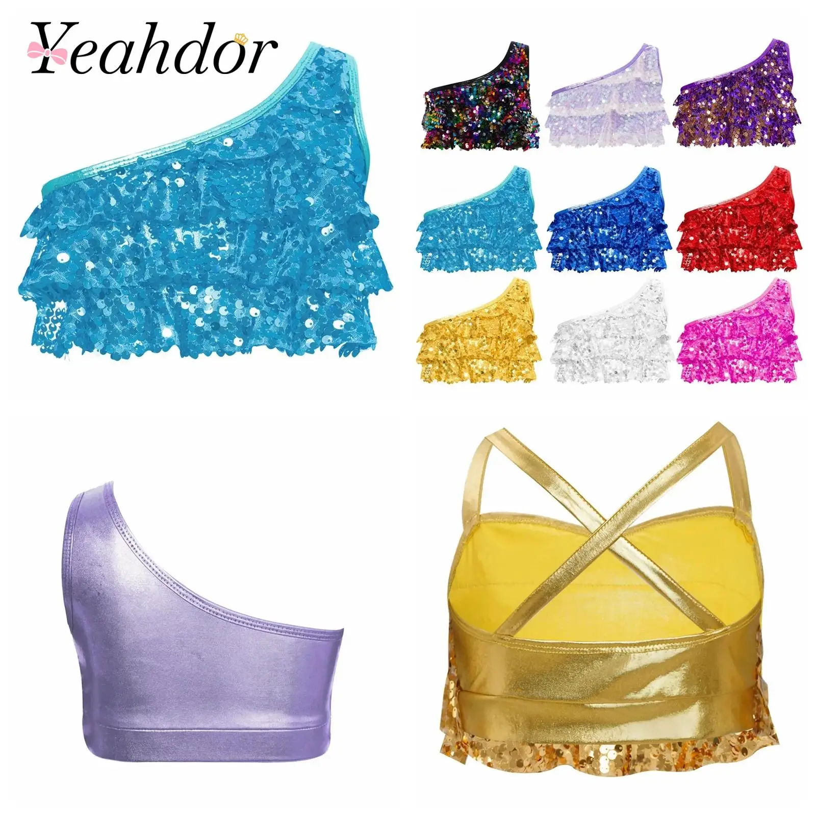 Fashion Children's Tops Kids Shiny Sequins Tank Top for Girls Sleeveless Crop Top Metallic Sequins Vest Jazz Dance Costume