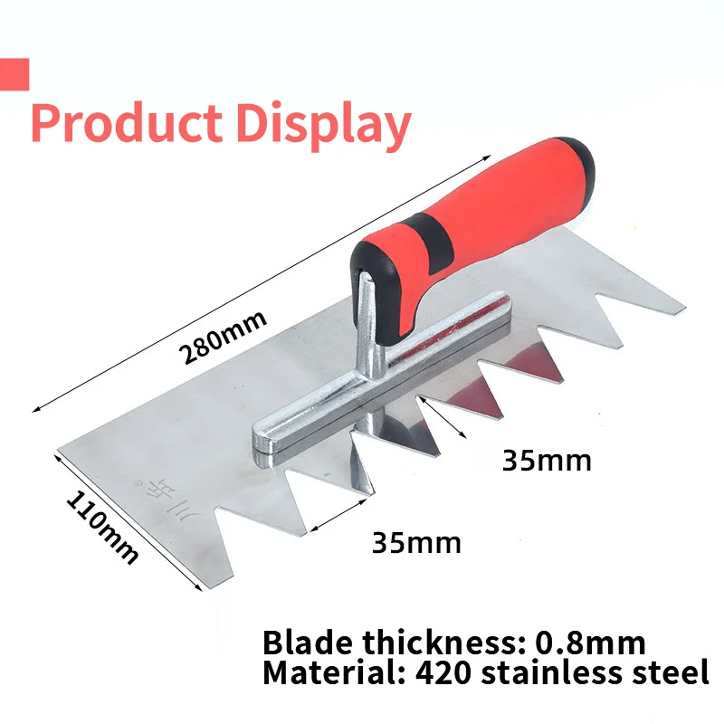 Red plastic handle Stainless steel blade Left 35 x 35mm cusp teeth 11 inch concrete trowel bricklaying tools trowel tool