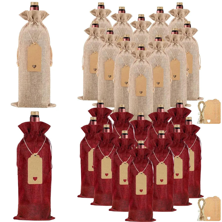 12Pcs Burlap Wine Bags Wine Gift Bags for Christmas Wedding Birthday Drawstrings Wine Bottle Storage Bags with Tags & Ropes Kits