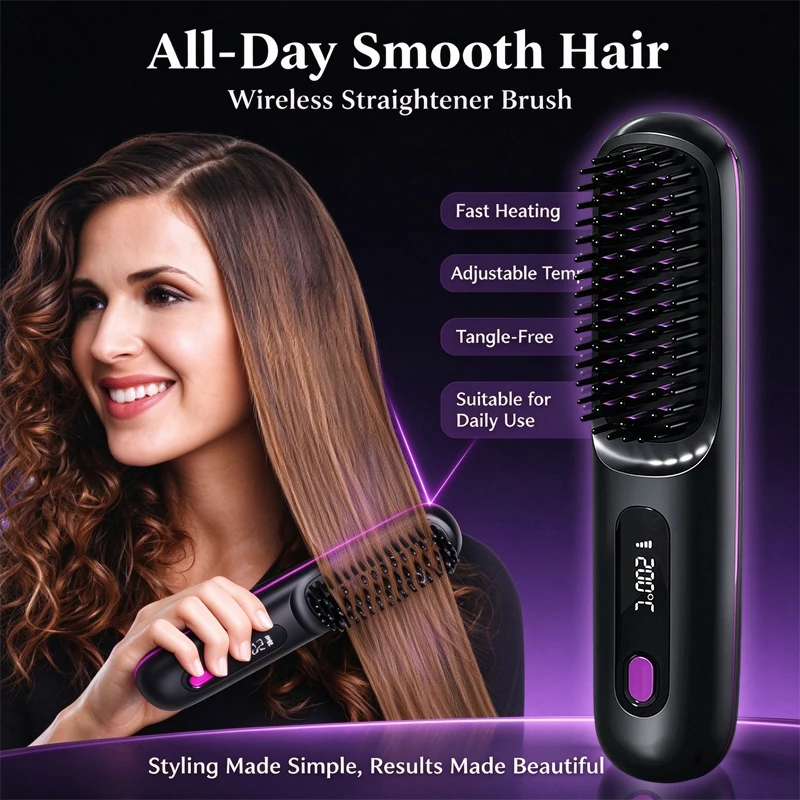 Hair Straightener Brush with LCD Display Cordless USB Charging Straightener Portable Mini Straightening Brush for Home Travel
