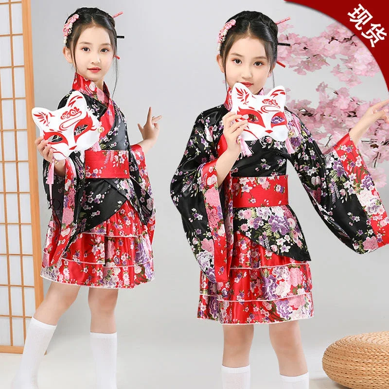 

Child Japanese Kimono Yukata Girls Japan Bathrobe Gown Obi Vintage Haori Halloween lolita skirt Cosplay Costume Home Sleep Wear