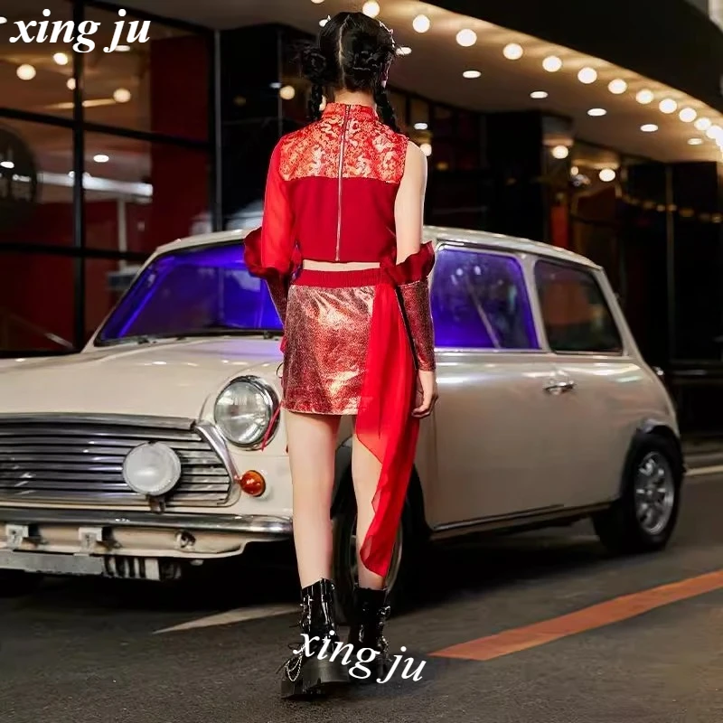 Mädchen Jazz Dance Anzug Mode Leistung Kleidung Kpop Dance Gruppe Hip Hop Outfits Sommer Rot Tops Röcke Street Dance Kostüme