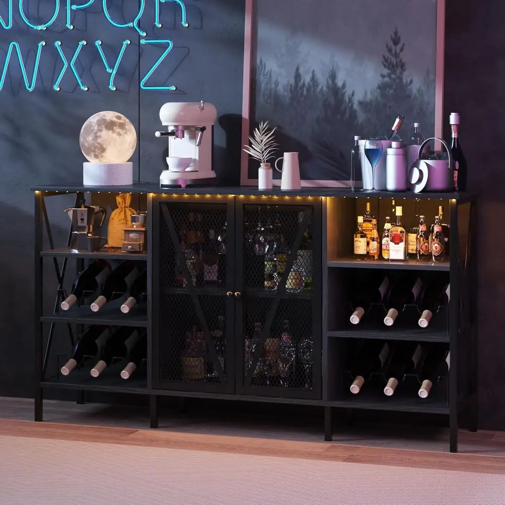 

Винный шкаф-бар Armhouse 55 дюймов со светодиодной подсветкой, деревенский шкаф для напитков с винной полкой и держателем для бокалов, индустриальный кофейный бар