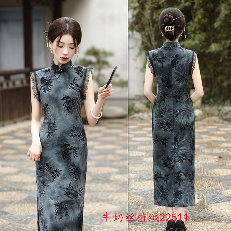 شنغهاي القديمة الرجعية الوطنية نمط الحليب الحرير يتدفقون طويلة أكمام شيونغسام تشى باو الربيع والصيف الموضة العصرية #2