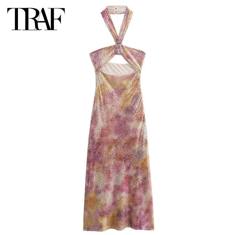 

TRAF Summer One-Piece Dress Long Dresses Midi Sleeveless Backless Dresses Tie Dye Halter Neck Dresses Elegant Party Dresses 2024