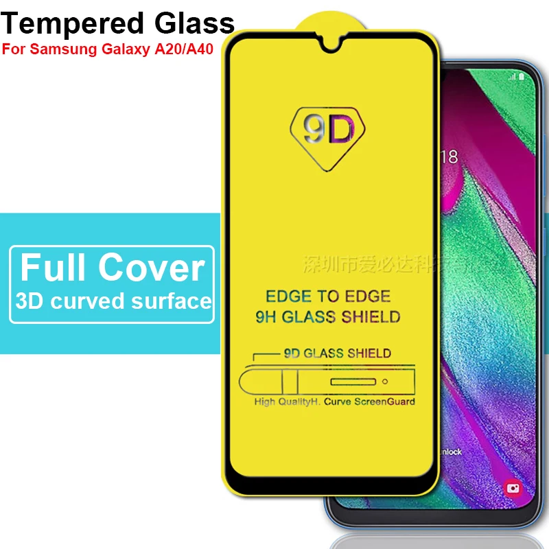 2 قطعة فيلم زجاجي لهاتف سامسونج جالاكسي A20 واقي للشاشة 9D غطاء كامل من الزجاج المقسى لهاتف سامسونج جالاكسي A40 طبقة رقيقة واقية