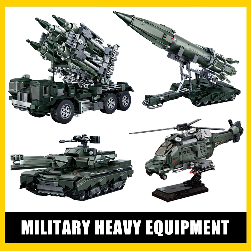 

MOC Military Ballistic Missile Launcher Heavy Tank Armored Vehicle Armed Helicopters Model Building Blocks Bricks Toys Kids Gift