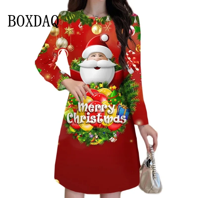 Funny Women Long Sleeve Dress 3D Santa Claus Print A-Line Dress Winter Fashion Cute Woman Clothing 2025 Christmas Party Dresses