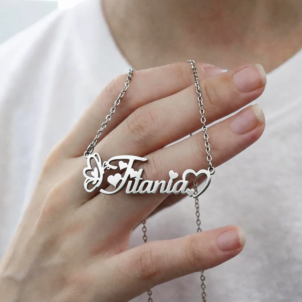 Customized Name Butterfly Necklace Love the Heart Personalized Namplate Pendant Chain Stainless Steel Jewelry Mother's Day Gift