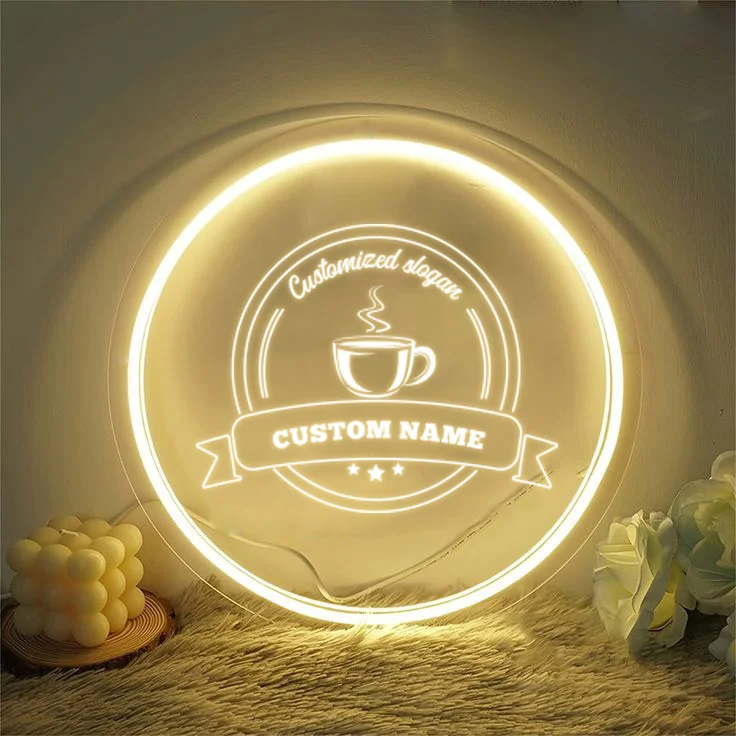 1PC Round Shape Warm White Delicious Customized Name Coffee Neon Night Lamp Acrylic Sign Transparent For Cafe Bar Resturant