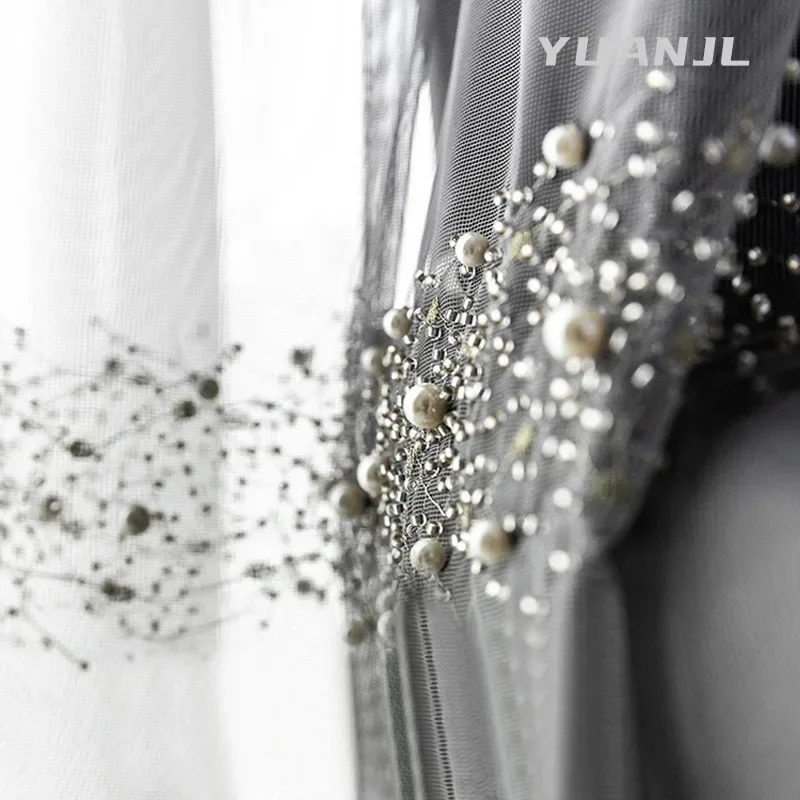 Europäische graue Tüll-Luxusvorhänge für Wohnzimmer, Schlafzimmer, moderne Perlenstickerei, wunderschönes, elegantes Fenster, individuell, Yarm Sheer