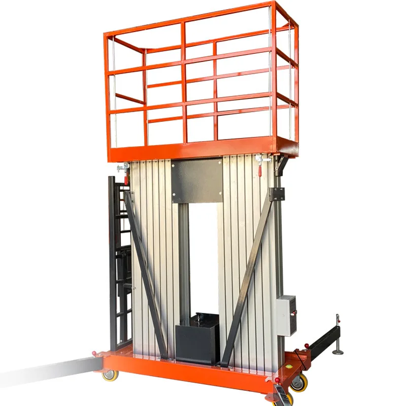 6-14m Aerial Work Hydraulic Aluminum Alloy Two Mast Vertical Mast Lift Lifting Platform Checkered Steel Plate 0.9m Guard Rail