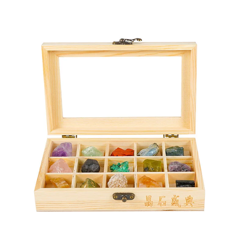 

Подарочная коробка из 15 видов натурального необработанного камня и дерева, значимый подарок, подарок на выпускной. украшения. Агат, флюорит, аметист, цветок